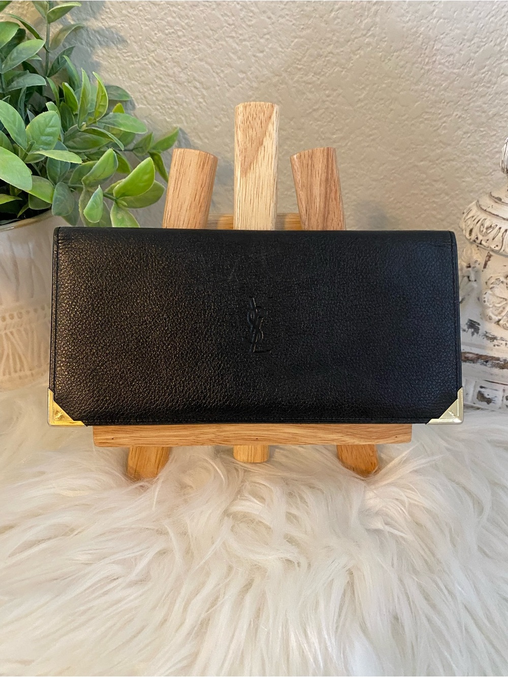 Saint Laurent Black Leather Long Wallet with Gold Corner Accents